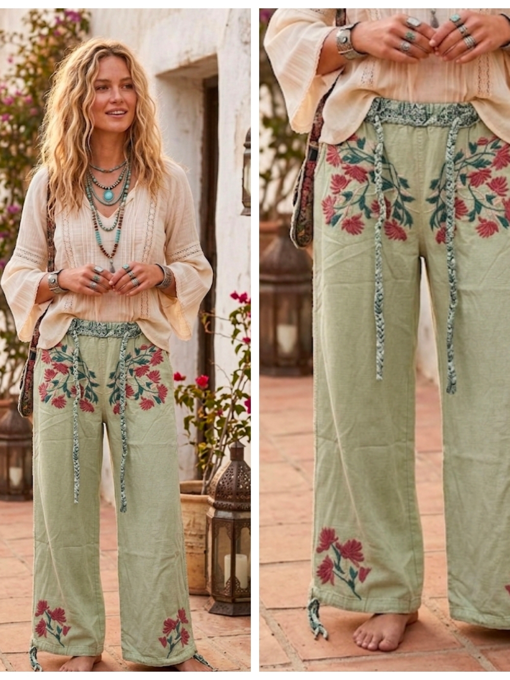 Embroidered Sage Green Wide-Leg Pants with Drawstring